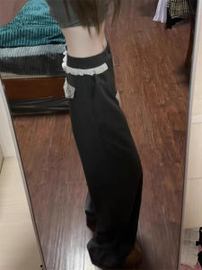 Quần Ống Rộng American Design Grey Lace Trim High Waist Casual Drape Straight Leg Floor-Length Pants Quần Dài Thường Ngày