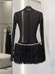 Elegant French Style Sequin Tulle Dress Womens Autumn High-End Feeling Birthday Gown Bell Sleeve Long Sleeve Zipper Closure