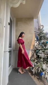 dress natal satin FREE BELT / baju wanita / dress pesta 725# louise collection