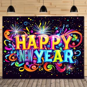 VIKAMA New Years Party Tapestry Colorful Fireworks Ribbons Alphabet Living Room Background Wall New Years Eve Room Decoration