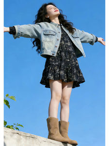 Shalldoer | Vintage Womens Outfit Set with Floral Dress and Denim Jacket