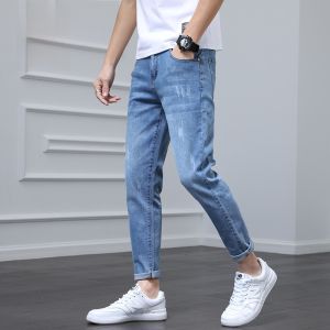 ROMON | Romon Mens Slim Fit Jeans Summer New Style Korean Version Fashion Casual Cool Brand Nine Point Pants Youth Popular Cotton Polyester Blend