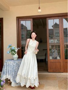 Elegant French Style Sleeveless Lace Dress Women Summer High Quality Fairy Long Skirt Commute Style Other Material Vest Dress