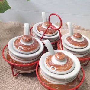 กระปุก พวง เครื่องปรุง โถเซรามิค โถ มีฝาปิด เซรามิก  แถม ช้อน ลายเถาวัลย์ เฉพาะโถ