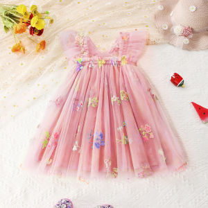 6M-5Y Baby Girls Backless Cute Summer Baby Girl Casual Dress for Pink Princess Flower Birthday Baptism Lace Flying Short Sleeves