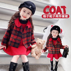 2025 New Year Fashionable Plaid Thickened Fleece Autumn Winter Girls Set Polyester Fiber Sweet Style Two-Piece Skirt Dress
