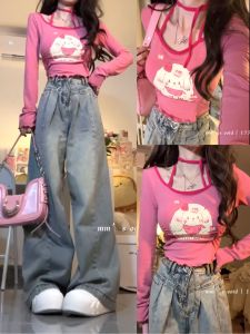 plus Size Sweet And Spicy Girl Cartoon Print Short Sleeve Womens T-Shirt Spring Autumn Slim Fit round Neck Long Sleeve Top