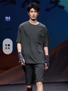 HLA Sea Home Mountain Not High Series Mens Short Sleeve T-Shirt Drawstring New Spring Summer Fashion Show Standard Fit Polyester Blend