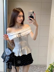 French Pure Desire Style Ruffle Hem Short Sleeve T-Shirt Women Summer Slimming Belted Top Commute Friendly Casual Wear