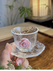 แก้วดื่มชาครึ่งกลางรูปดอกไม้ทนความร้อนใส แก้วดื่มชาขนาดเล็ก แก้วดื่มชาแบบลำลอง ทำจากแก้วคริสตัล