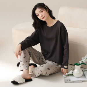 MiiOW | ชุดนอนผู้หญิงแขนยาวผ้าฝ้ายแท้ ชุดนอนลำลองสำหรับใส่ไปกลางแจ้ง ชุดนอนผู้หญิงฤดูใบไม้ผลิและฤดูใบไม้ร่วง ชุดนอนผู้หญิงคอกลม