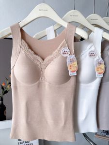 Warmth Fleece Lined V-Neck Womens Vest with Lace Trim And Silk Patch Underwear Soft Polyester Blend Thickened Base Layer Top