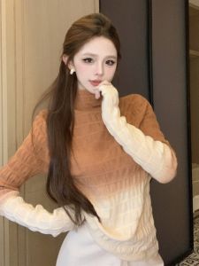 GUZILIAN | Graduated Color High Neck Slim Fit Knitwear Womens Autumn Winter Design Unique Inner Wear French Elegant Top