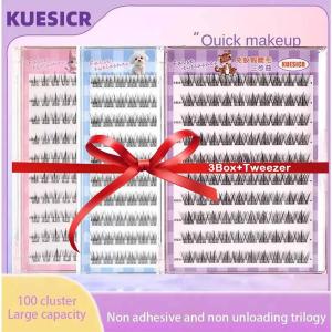[Buy 1 Take 2 ] 3PCS Set KUESICR BQI Upgraded Version 100-120 Cluster False Eyelashes with Tweezers Self-Adhesive Softer Lashes Glue-Free makeup gift box Realistic
