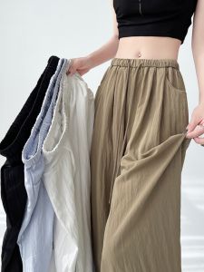 กางเกงขายาวผู้หญิงไซส์ใหญ่เอวสูง ทรงหลวม ทรงสลิมฟิต ผ้าไหมน้ำแข็งบาง ทรงหลวม กางเกงขายาวทรงหลวมสำหรับฤดูร้อน