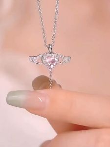 Kalung Liontin & Anting Kancing Sayap Malaikat Hati Zirkon Pink Cupid Berkualitas Modis Gaya Korea Untuk Wanita
