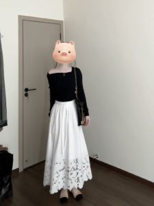 Tina Fairy White Embroidered A-Line Midi Skirt High Waist Womens Fashion Autumn New Style Hollow out Petal Design Half-length