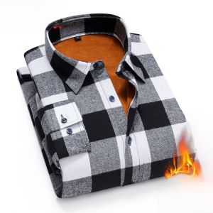 HENGYUANXIANG | Hengyuanxiang Mens Plaid Long Sleeve Fleece Lined Thickened Shirt Fashionable Autumn Winter Warm Slim Fit Button Up Shirt