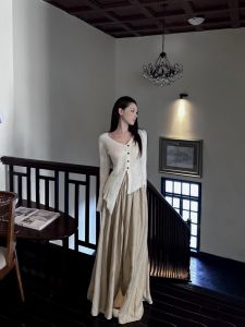 Slimming Two-Piece Set Womens Gentle Salt Series Asymmetrical Top Draping A-Line Mini Skirt Autumn Atmosphere Sensation