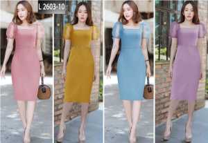 LooWear- Dress Scuba Kasual Formal Wanita Lengan Tile Puff Pendek Modern Kekinian Terbaru
