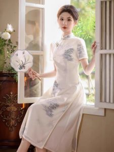 Shujin Spring Summer New Style Qipao Long Double Layer Dress Elegant Chinese New Style Womens Dress Artistic Low Slit