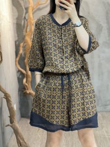 Large Size Casual Linen Cotton Blend Set for Women Retro Print Long Sleeve Shirt and Wide Leg Shorts Two-Piece Pullover