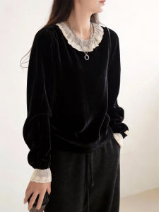 QINGNAER | French Lace Embroidery Hem Sleeve Ruffle Neck Slip-on Slim Fit Plus Size Womens Shirt