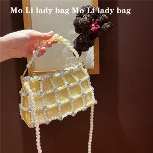 กระเป๋าสตางค์ทรงสี่เหลี่ยมเล็ก MoLi French Pearl Diamond เข็มขัดประดับเพชรสำหรับงานเลี้ยงดินเนอร์ กระเป๋าสะพายข้างแบบผูกโบว์สุดหรู