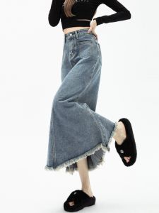 High Waist Midi Denim Skirt Womens Spring Autumn plus Size Slimming Half-length Fish Tail Skirt Commute Style Solid Color