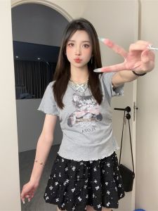 Áo Thun Nữ Tay Ngắn Cổ Tròn in Nơ Bướm Màu Tương Phản Cao Cấp Áo Thun Cotton Mùa Hè Ôm Vừa Vặn Phong Cách Đường Phố Tay Ngắn