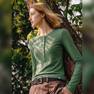 French Lazy Style Green Long Sleeve T-Shirt Autumn New Button Decorative Blouse