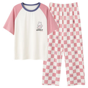 MiiOW | ชุดนอนผู้หญิง MiiOW แขนสั้นผ้าฝ้ายแท้ ทรงบาง ชุดอยู่บ้านฤดูร้อน ชุดเดรสยาวปานกลาง คอกลม ลายการ์ตูน ผ้าฝ้ายแท้ 100%