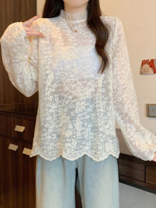 High-end Unique Large Size Sheer Stand Collar Lace Top