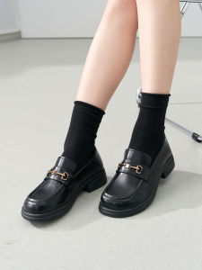 Berd Miss Black Thick Heel Loafers Womens Commute Formal Interview Shoes Leather Fashion Single Shoes round Toe mid Heel