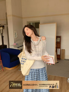 Diamond Letter Embellished Slim Fit Long Sleeve T-Shirt Versatile Base Layer Shirt Asymmetrical Shoulder Design Polyester Blend Summer Top