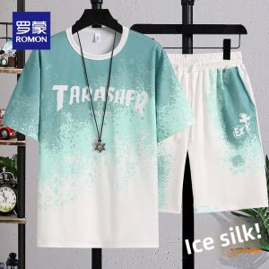 ROMON | Romon Mens Ice Silk Summer Thin Short Sleeve T-shirt Casual Sportswear Loose Quick Dry Gradient Color Loose Fit Sportswear
