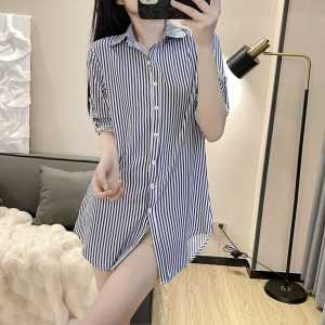 Spring Autumn Womens Shirt Casual Style Long Sleeve Polo Collar Striped Print Midi Length Fashionable Lightweight Luxury