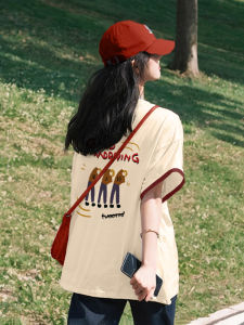 เสื้อยืดคอกลมแขนสั้นผ้าฝ้ายแท้สำหรับผู้หญิง ทรงหลวม แขนสั้น สีบล็อก ทรงพอดีตัว แฟชั่นฤดูร้อน 2025 เสื้อผ้าทำงานสไตล์เกาหลี