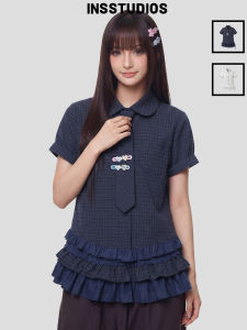 Retro Gingham Notch Collar Lace Sleeveless Shirt