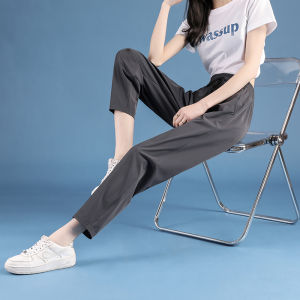 High-Waist Plus Size Ice Silk Harelot Pants for Women Lightweight Summer Casual Pants with Pocket Ankle-Length Work Clothing