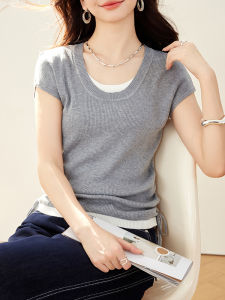 DAIXIANGFEIZI | Ice Silk Knitted Short Sleeve T-Shirt Slimming Illusion Two-piece