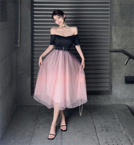 ชุดราตรีทรงเข้ารูปสีดำ ชุดเจ้าหญิงวิ่ง ชุดราตรีผู้หญิง ชุดยาวปานกลาง กระโปรงทรงเอ แขนกุด ชุดงานปาร์ตี้