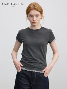 Wood Trim Crew Neck Slim Short Sleeve T-Shirt