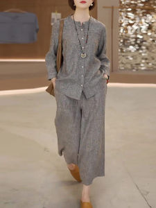 Fashionable Casual plus Size Womens Outfit Long Sleeve Shirt Wide Leg Pants Two Piece Set Versatile Autumn High End Feeling