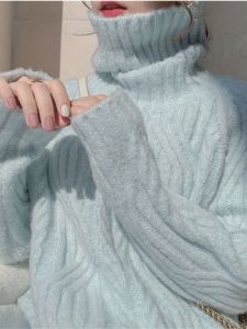 High Collar in Blue Cable-Knit Sweater Womens Fall/Winter Hot-Selling K-style Loose and Lazy Style Thickened Gentle Knitting Bottoming Shirt