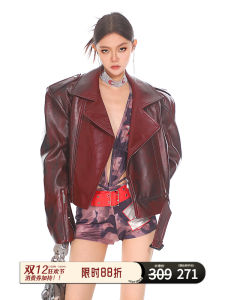 Red Outerwear Biker Leather Jacket Stand Collar Loose Fit Womens Design Sensation CCUP SPACE Autumn Collection