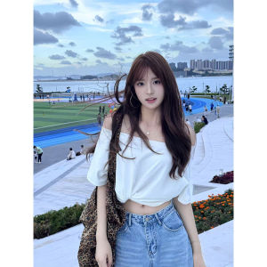 American Style Spicy Girl Short Sleeve T-Shirt Women Summer Design Knot Slimming White Short Shoulder Bared Top Cotton Pure