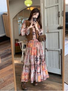 plus Size Spring New Floral Print Slimming Cover up Long Sleeve Dress High Waist A-Line Skirt Korean Style Commute Dress