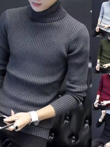 2024 New Mens Slim Fit High Collar Knitted Sweater Fashionable Autumn Winter Striped Base Layer Korean Style Long Sleeve Top