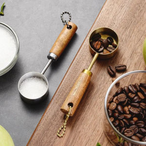 Stainless Steel Measure Spoon with Wood Handle Flat Bottom Rustproof Measuring Cup Coffee Measuring Spoon Bartending Scale Accessories